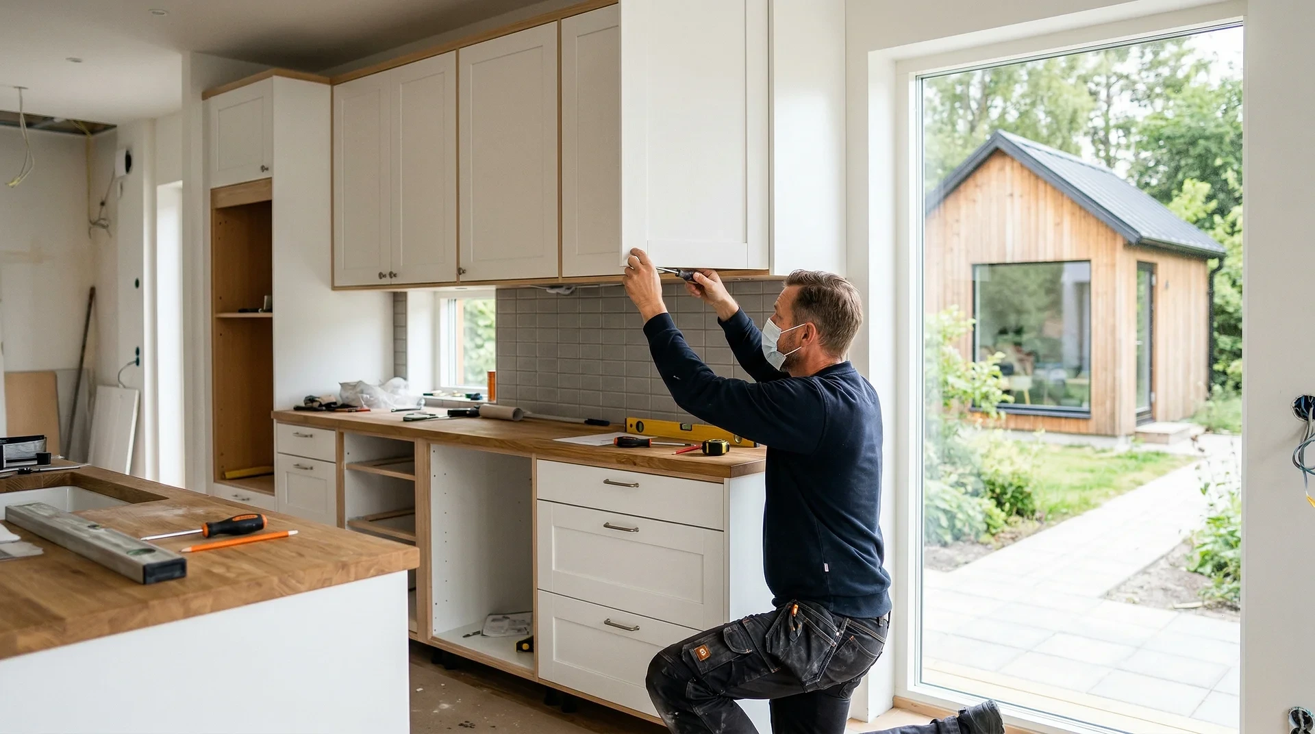 Takläggare arbetar med plåttak på villa i Göteborgsområdet